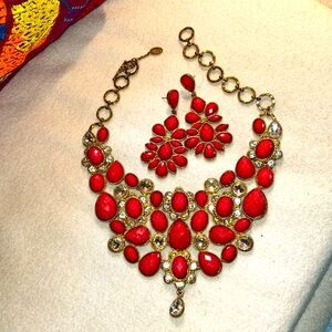 Amnita Singh 3 pc set bright gold and coral statement necklace with earrings